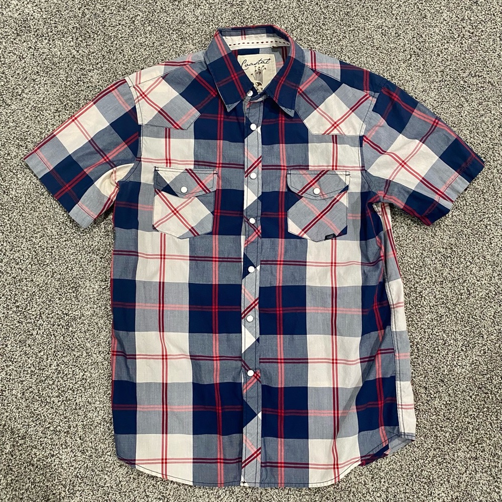 Coastal Men’s Plaid Button Up Snaps Short Sleeve Plaid Shirt Red White And Blue